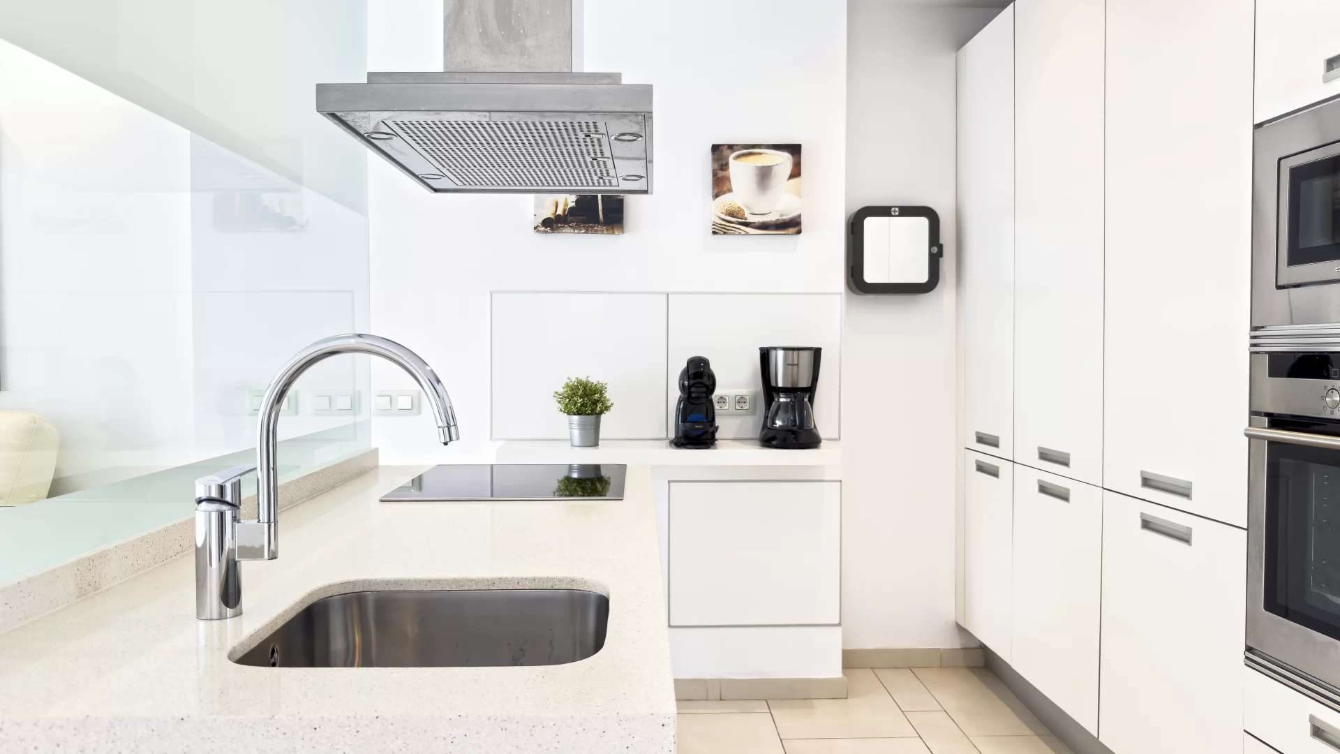 Kitchen counter and coffee machines at holiday rental apartment in Palm-Mar